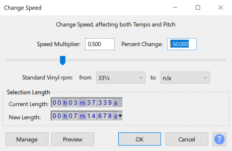 Audacity's Change Speed screen