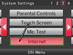 System Settings Page 3, with Internet button highlighted