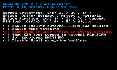 Luma3DS settings screen