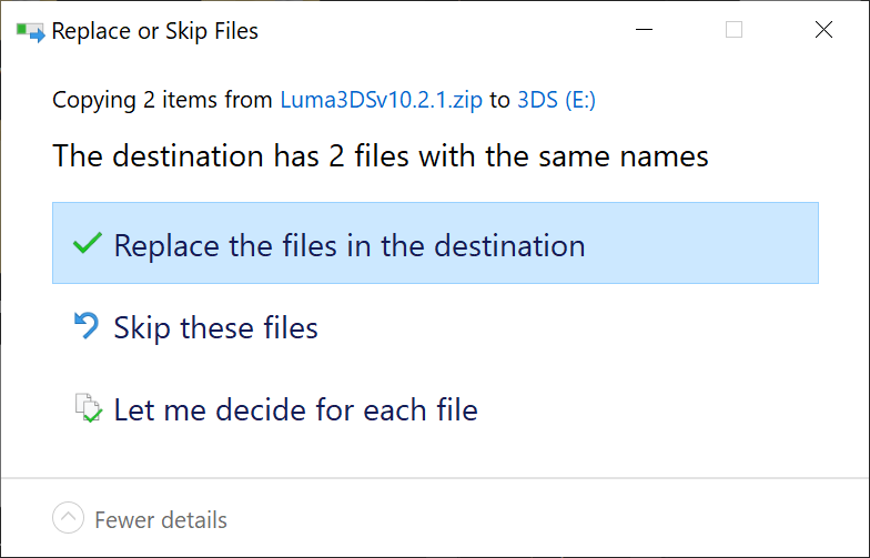 Overwrite files prompt for Luma3DS update